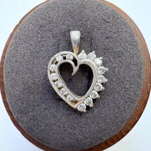 VTG Sterling Silver 925 Cubic Zirconia Open Heart Pendant Size 0.75" Length